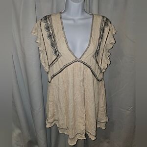 Free People Cream Boho Embroidered V-Neck Ruffle Sleeve Tunic New